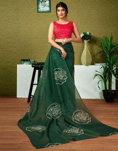 Ready To Wear Dark Green Printed Cotton Saree