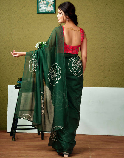 Ready To Wear Dark Green Printed Cotton Saree