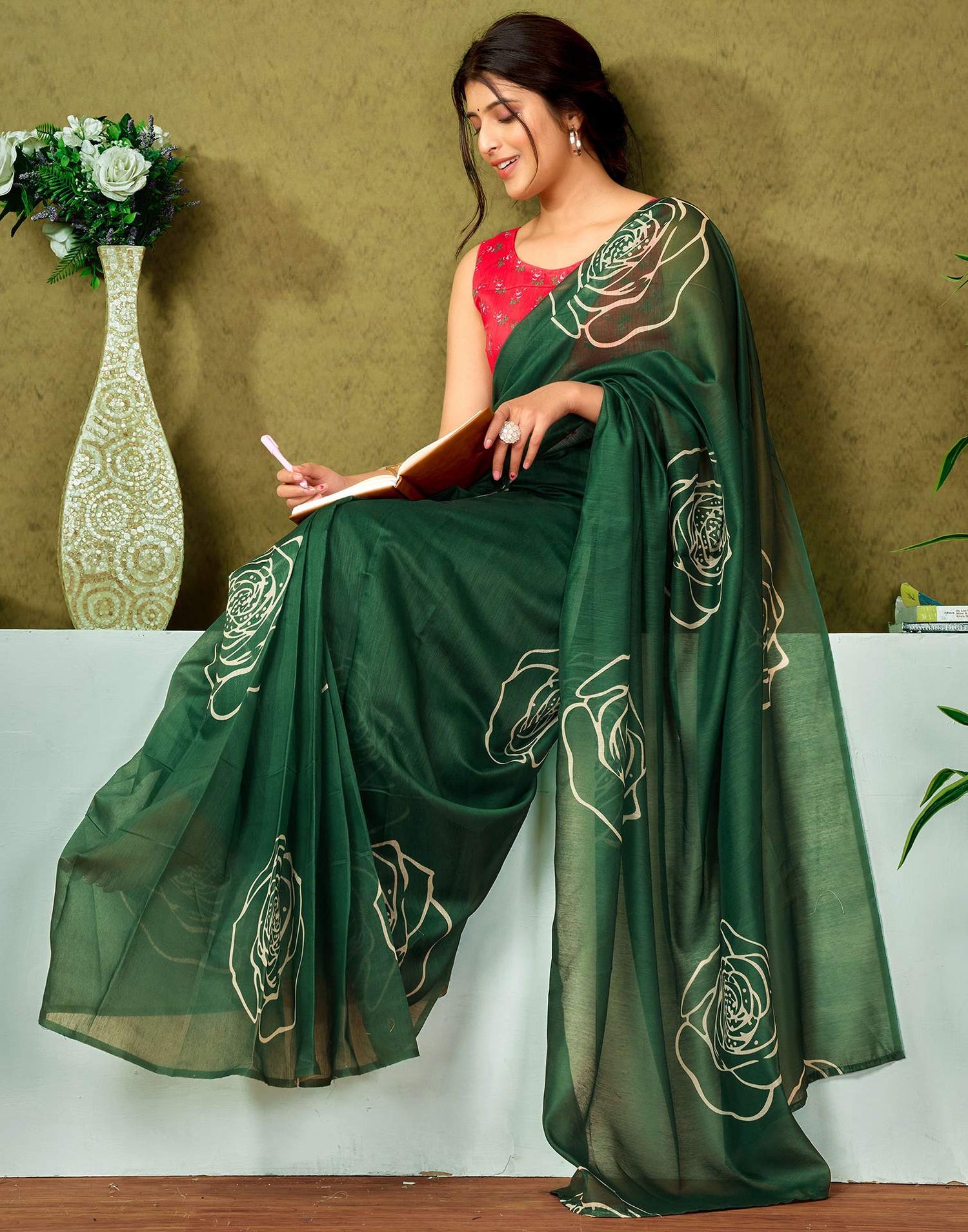 Ready To Wear Dark Green Printed Cotton Saree