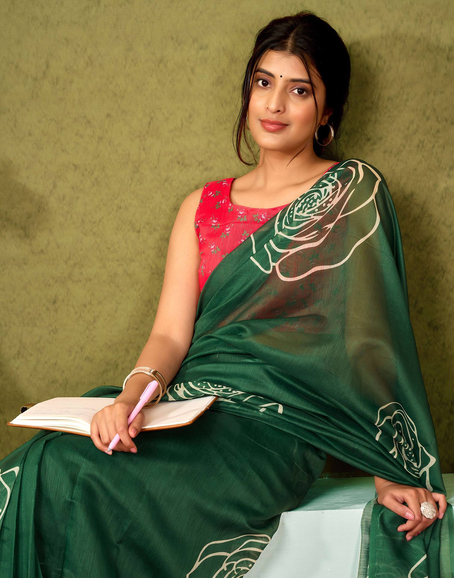 Ready To Wear Dark Green Printed Cotton Saree