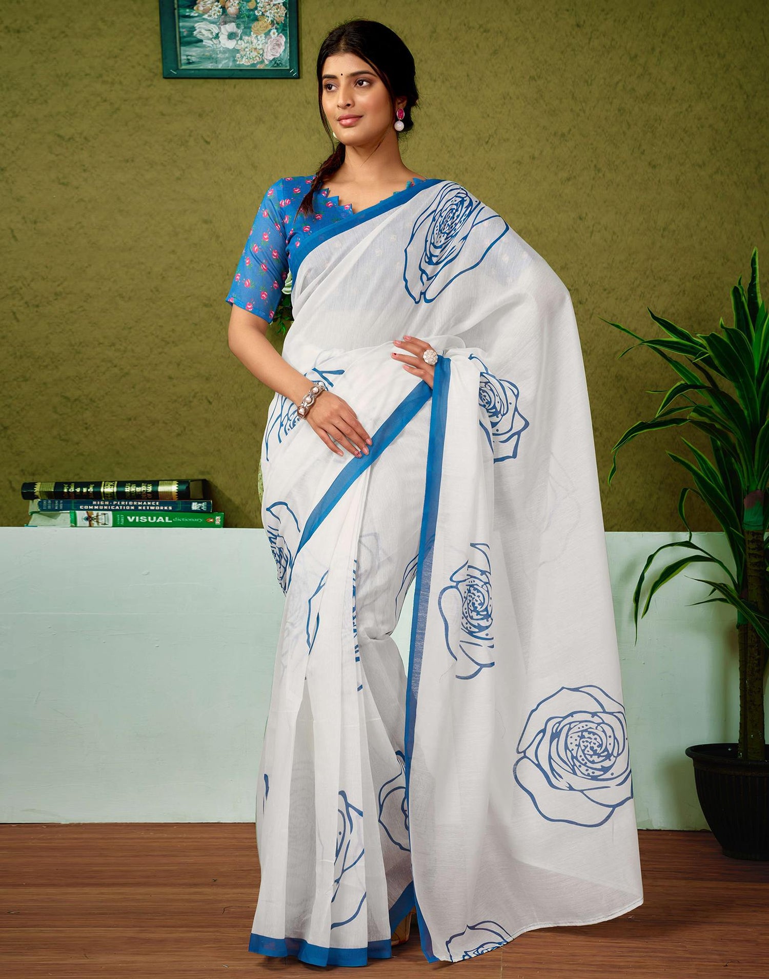 Ready To Wear Off White Printed Cotton Saree