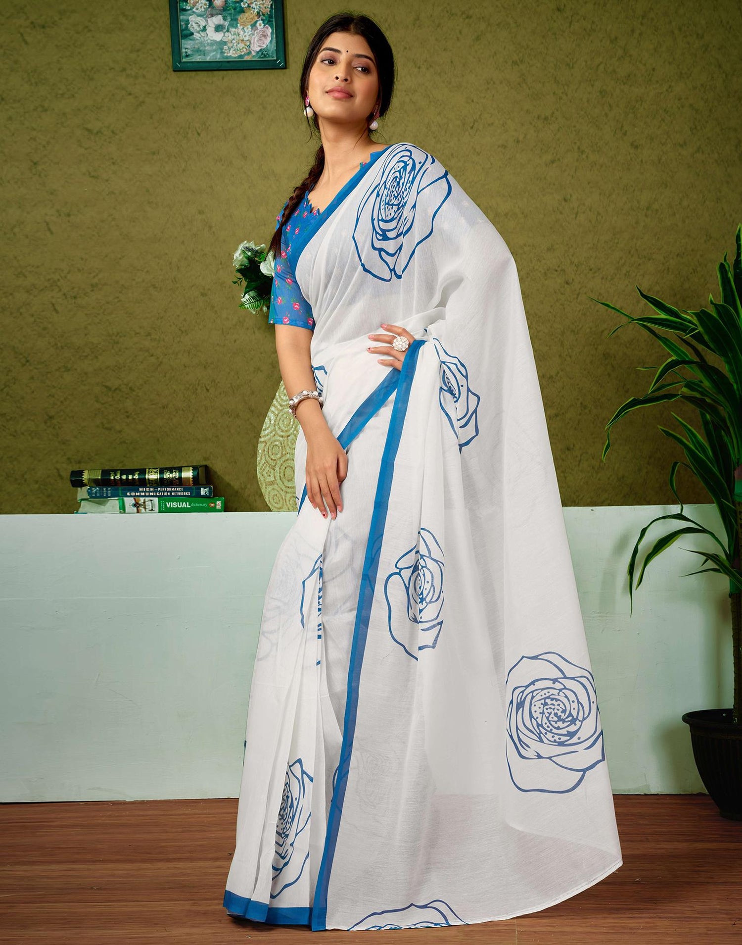 Ready To Wear Off White Printed Cotton Saree