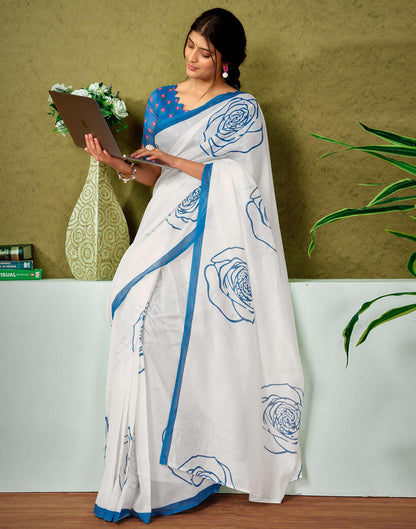 Ready To Wear Off White Printed Cotton Saree