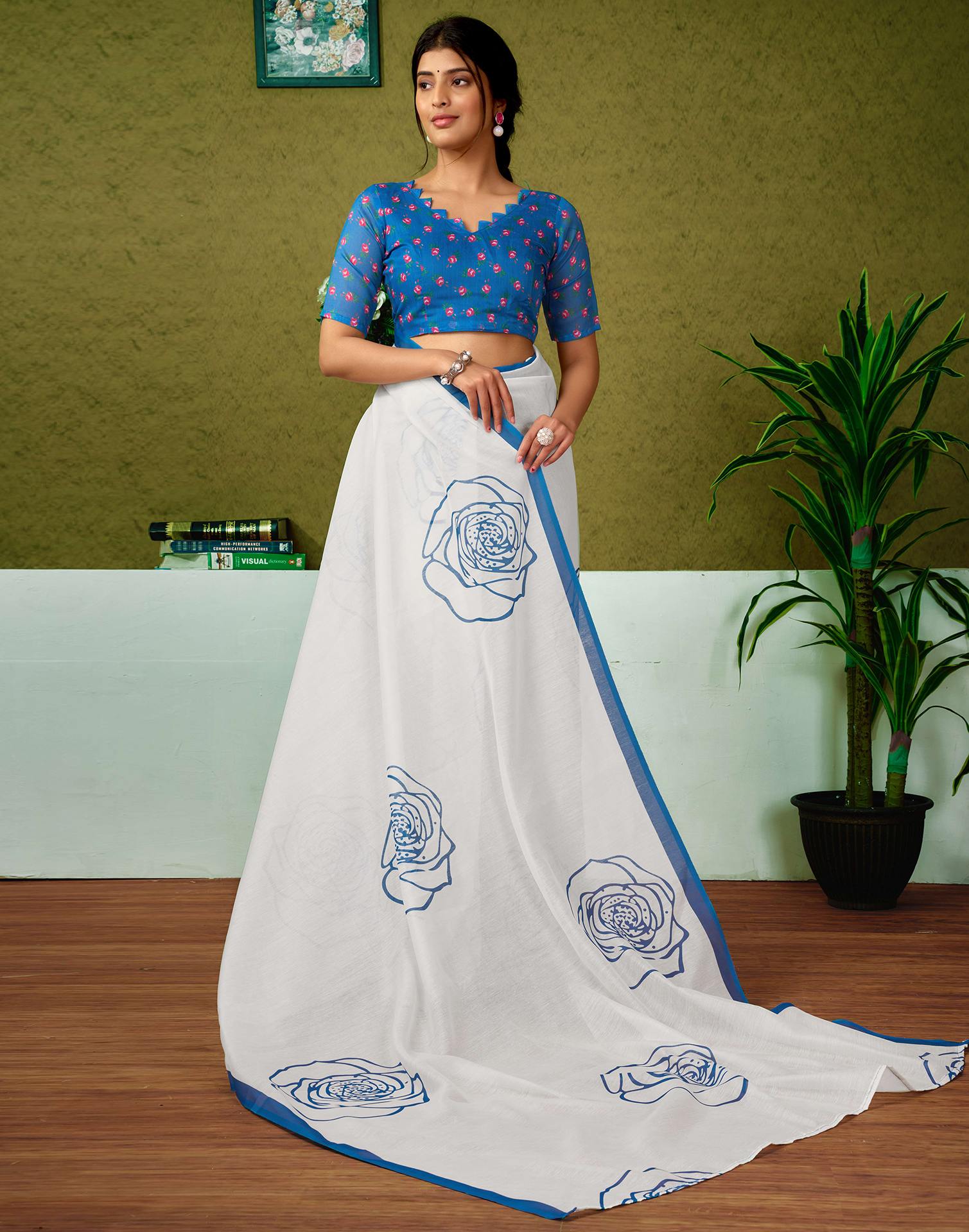 Ready To Wear Off White Printed Cotton Saree