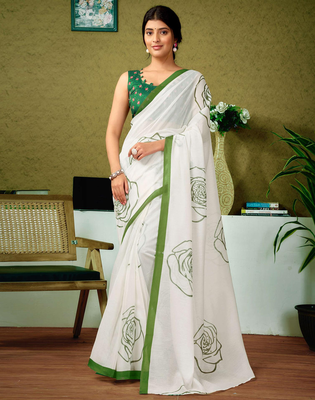 Ready To Wear Off White Printed Cotton Saree