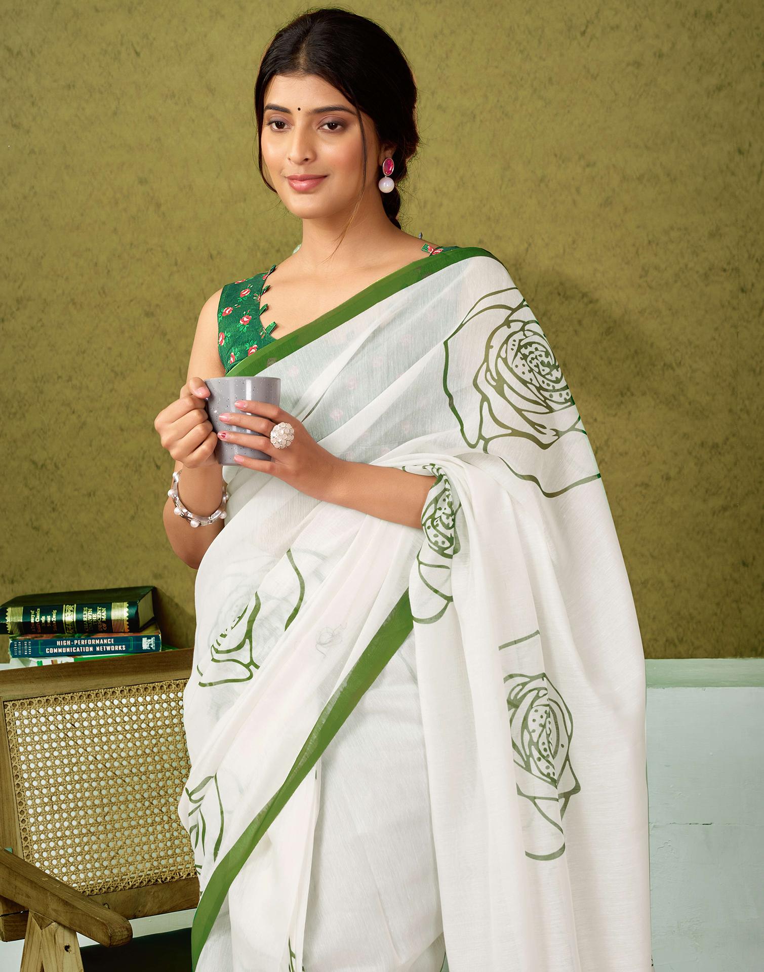 Ready To Wear Off White Printed Cotton Saree