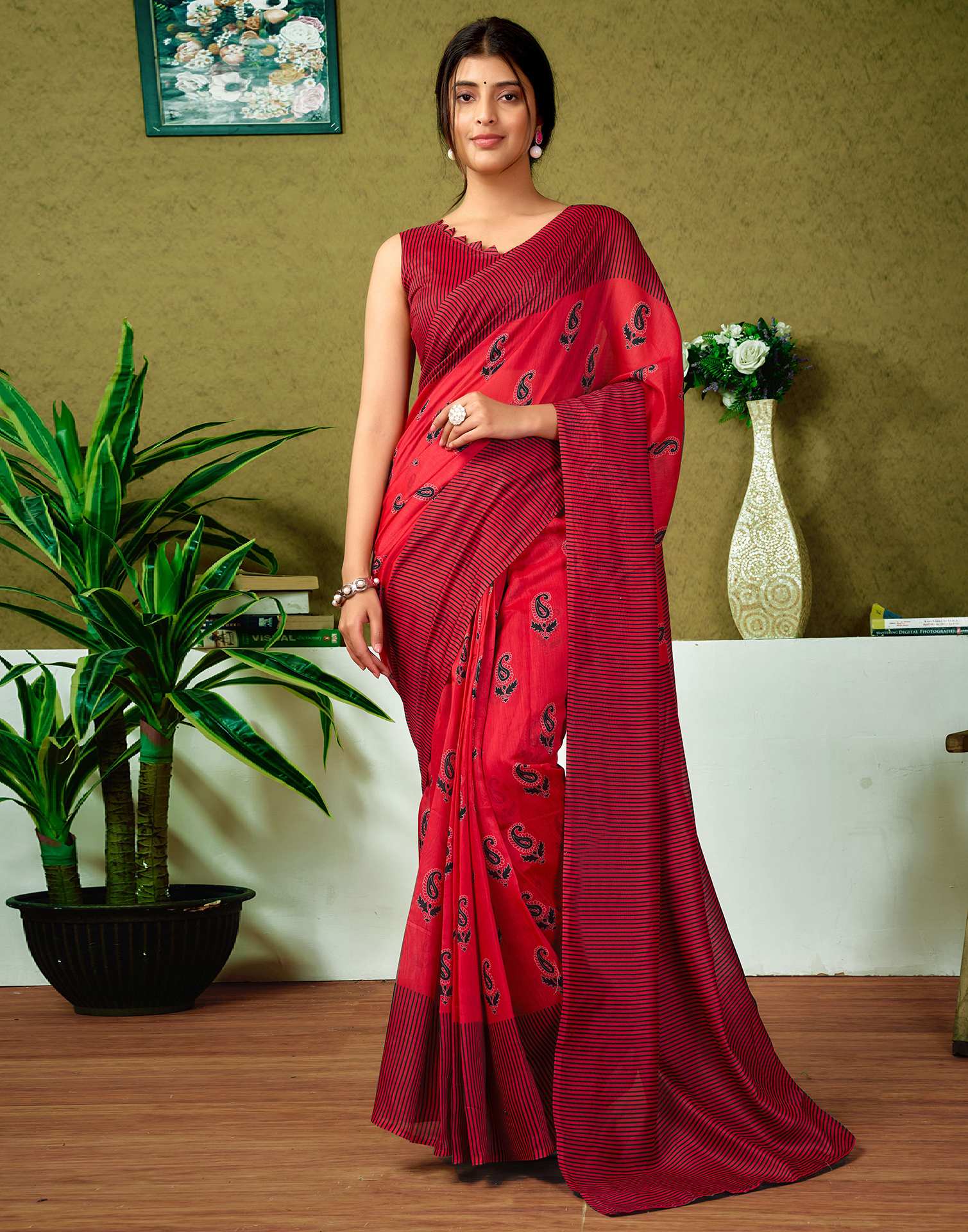 Ready To Wear Red Printed Cotton Saree