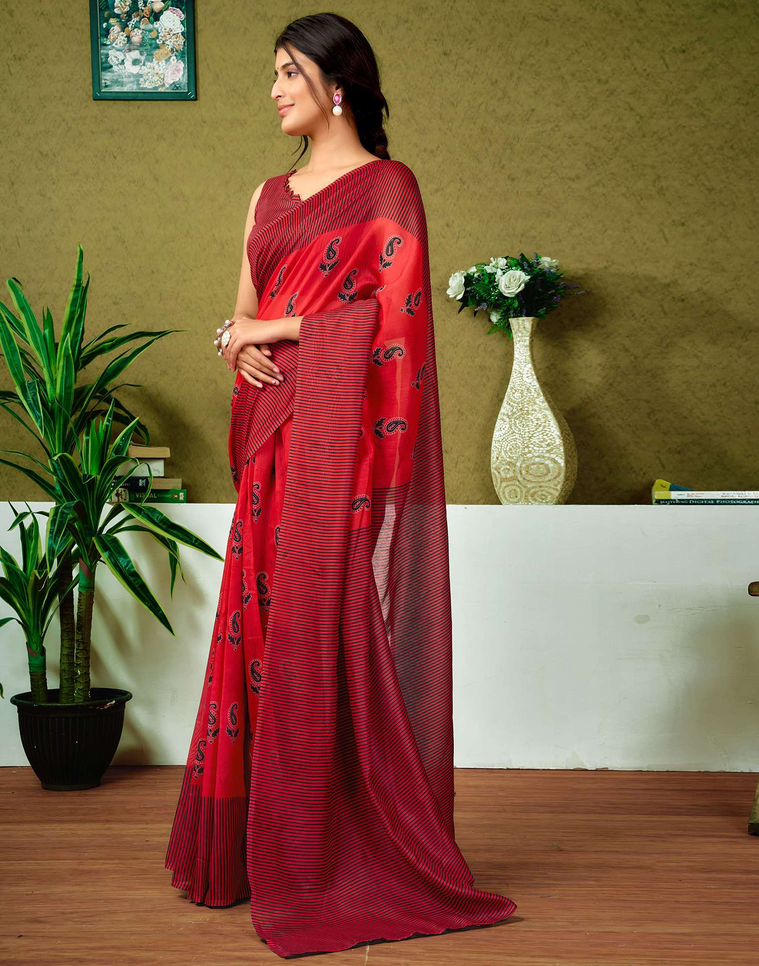 Ready To Wear Red Printed Cotton Saree