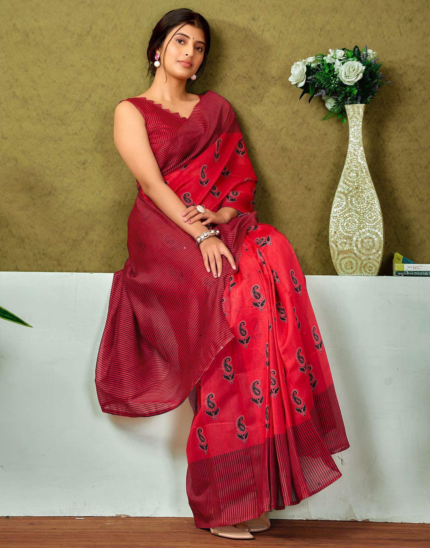 Ready To Wear Red Printed Cotton Saree