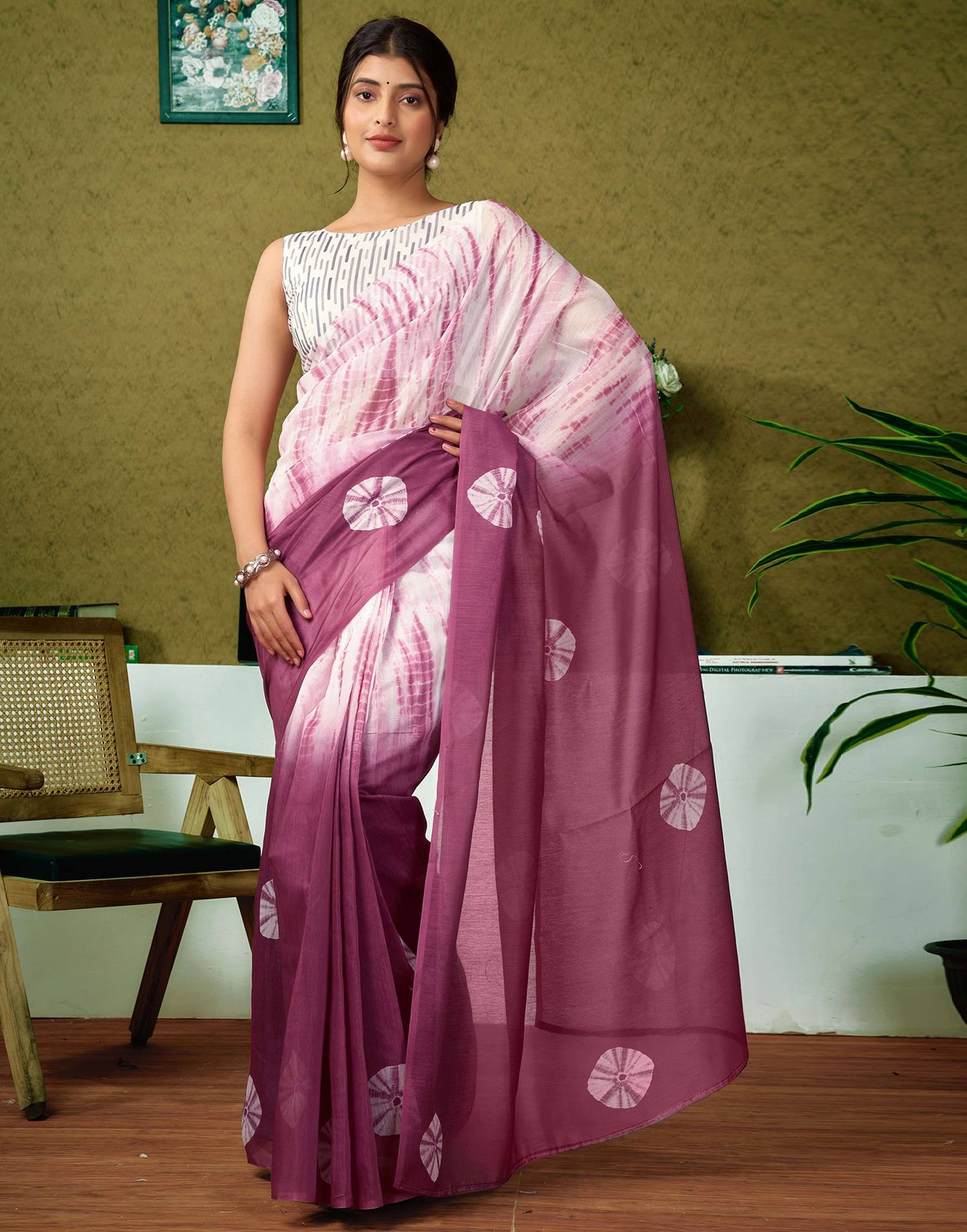 Ready To Wear Mauve Printed Cotton Saree