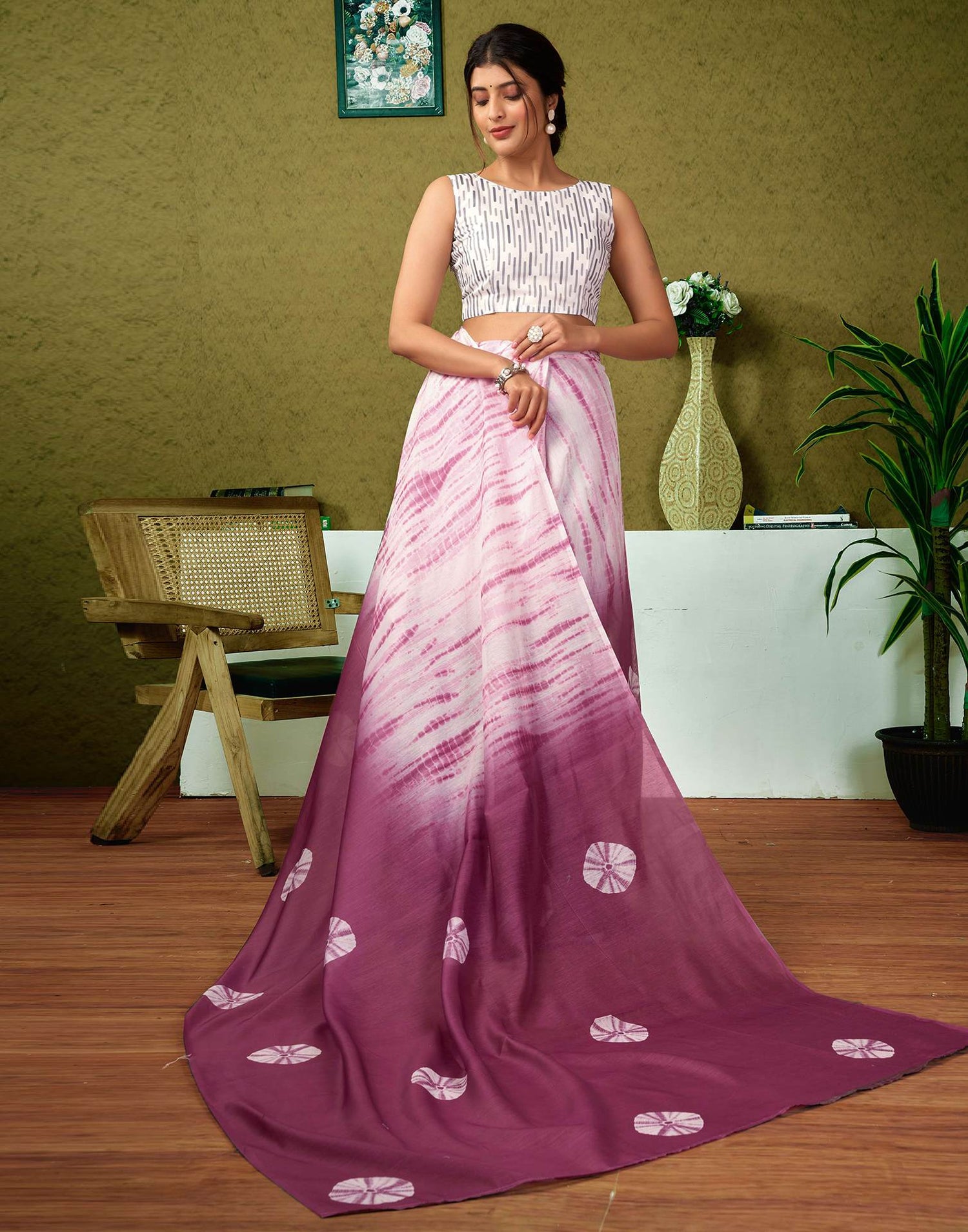 Ready To Wear Mauve Printed Cotton Saree