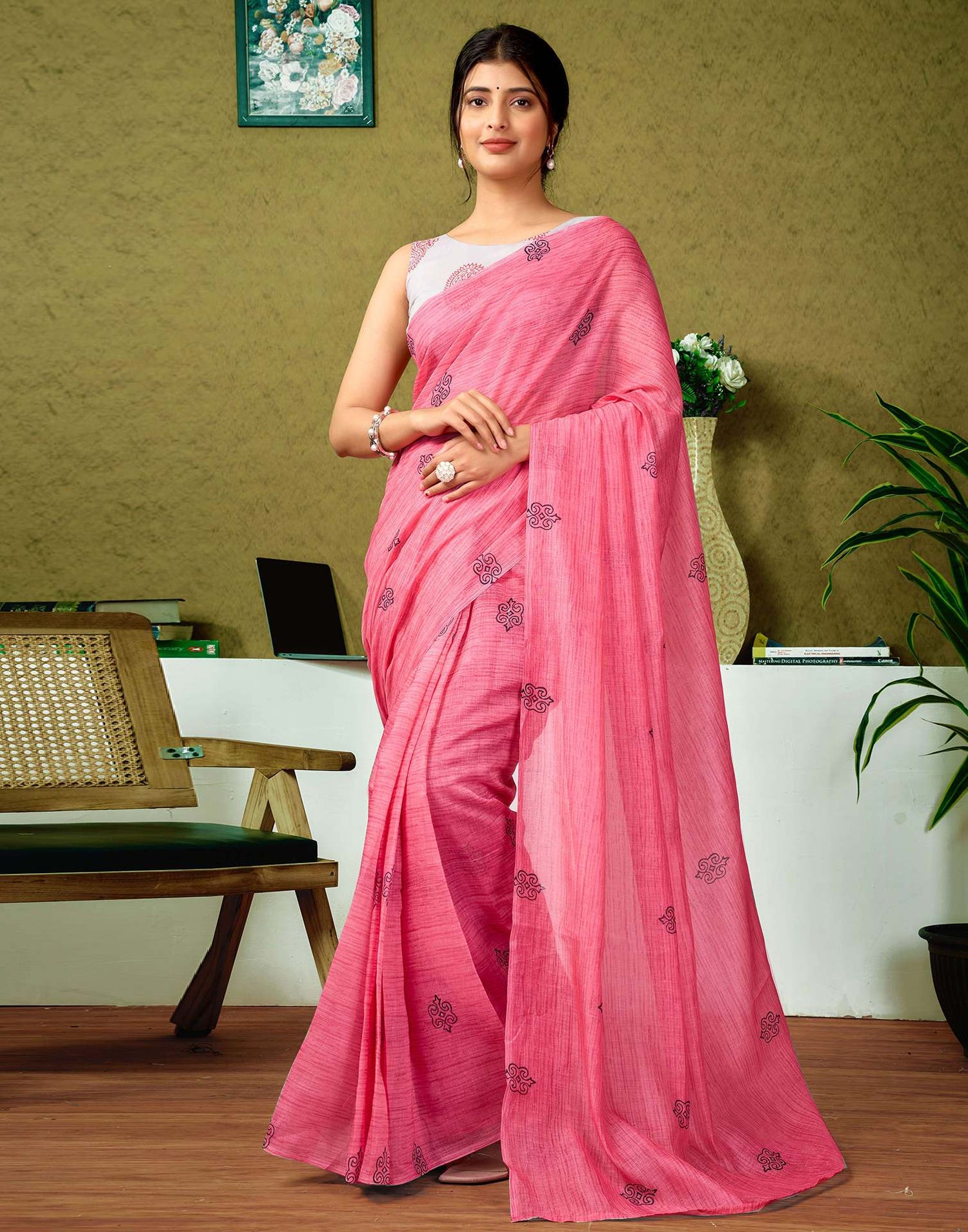 Ready To Wear Rose Pink Printed Cotton Saree