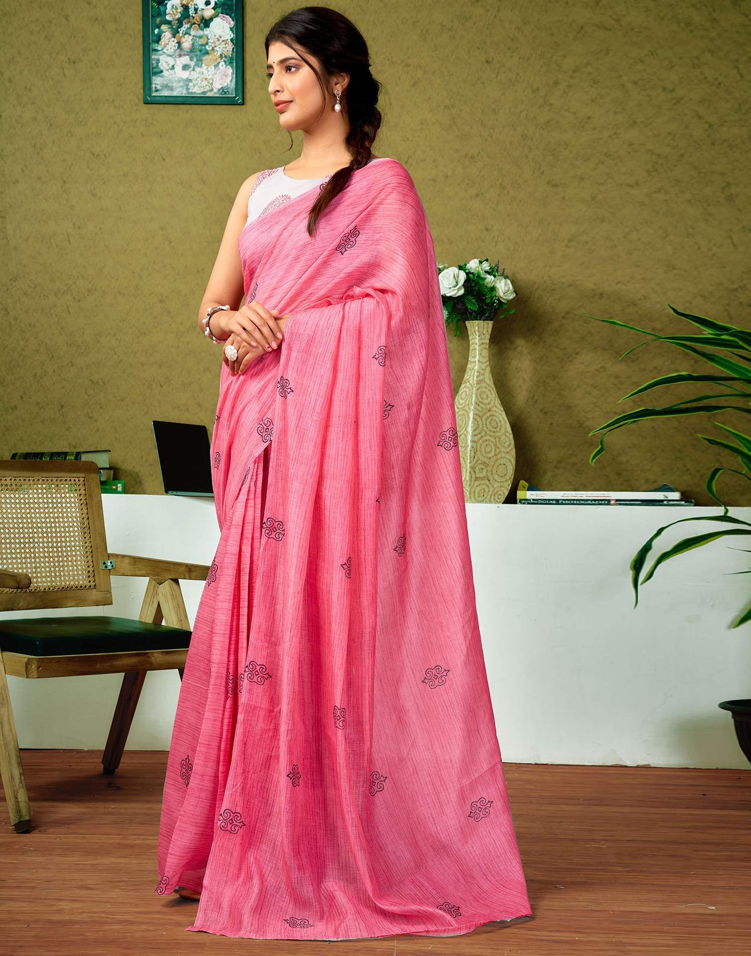 Ready To Wear Rose Pink Printed Cotton Saree