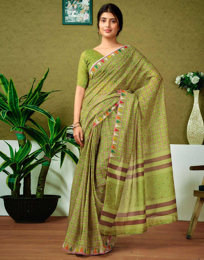 Ready To Wear Olive Green Printed Cotton Saree