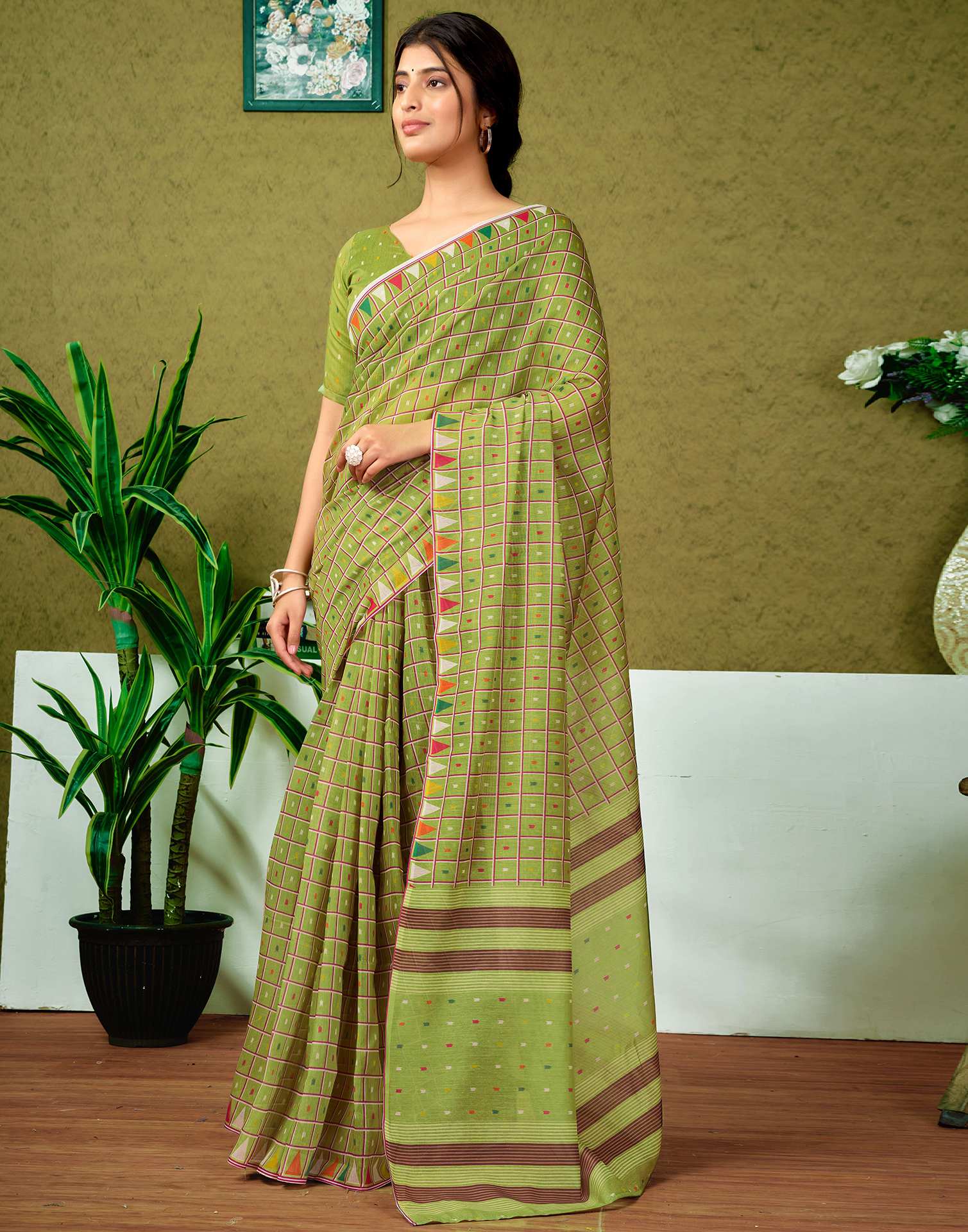 Ready To Wear Olive Green Printed Cotton Saree