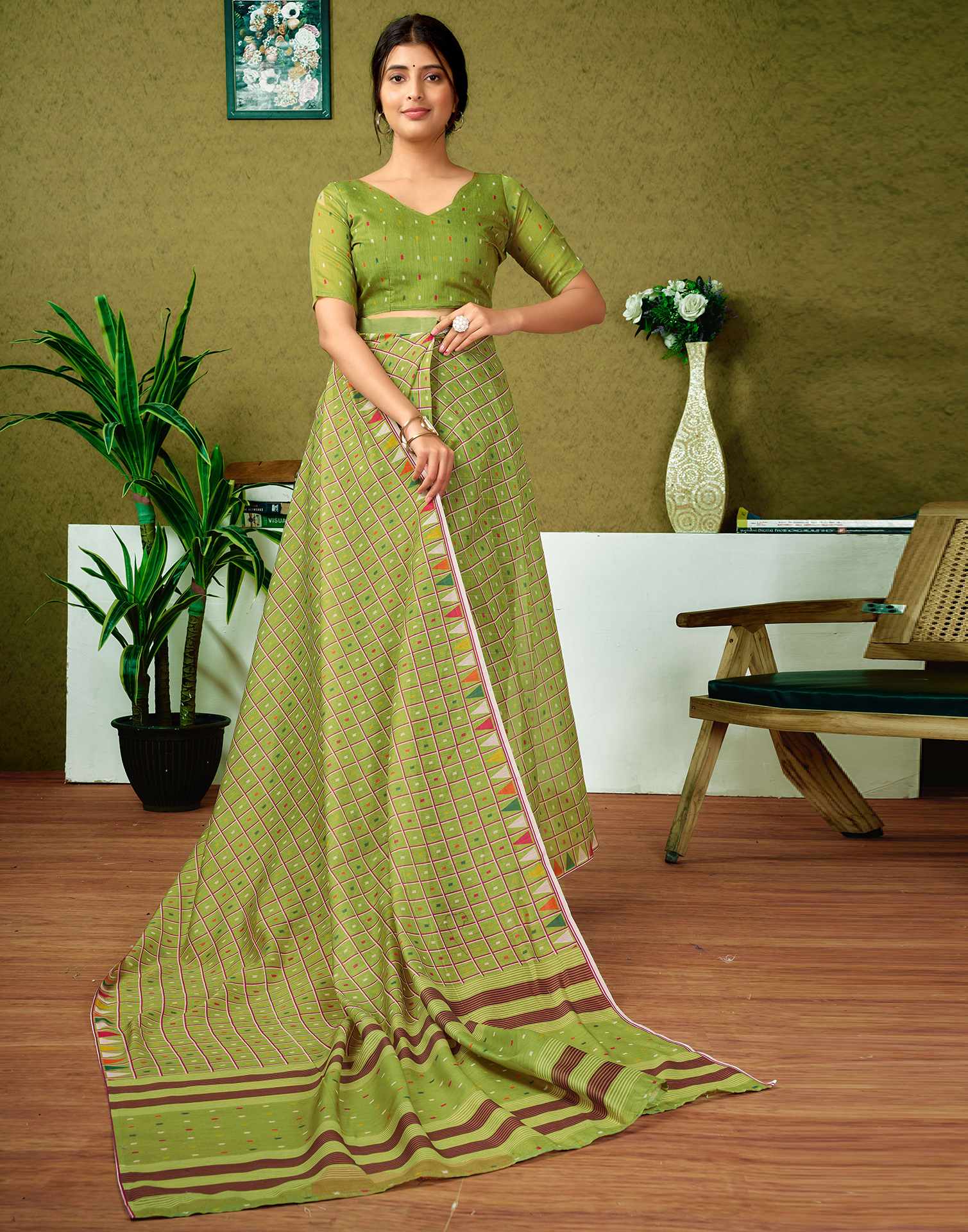 Ready To Wear Olive Green Printed Cotton Saree