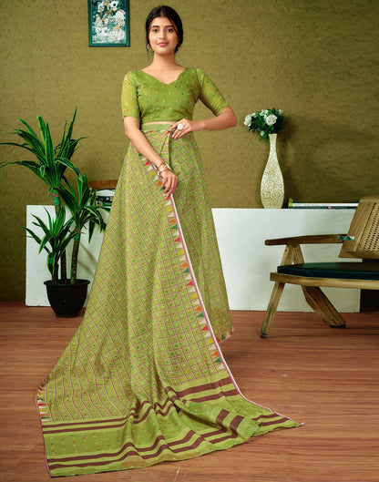 Ready To Wear Olive Green Printed Cotton Saree