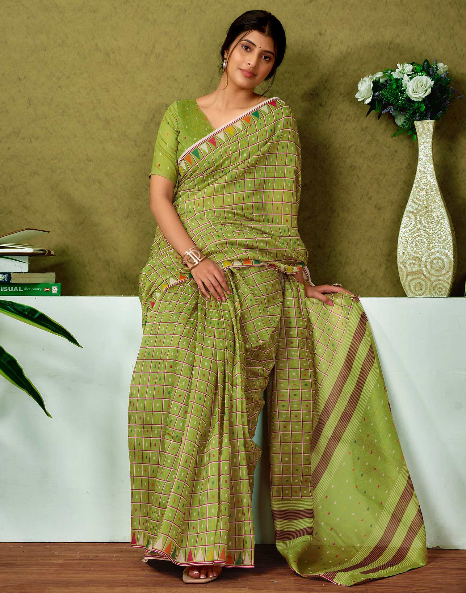 Ready To Wear Olive Green Printed Cotton Saree