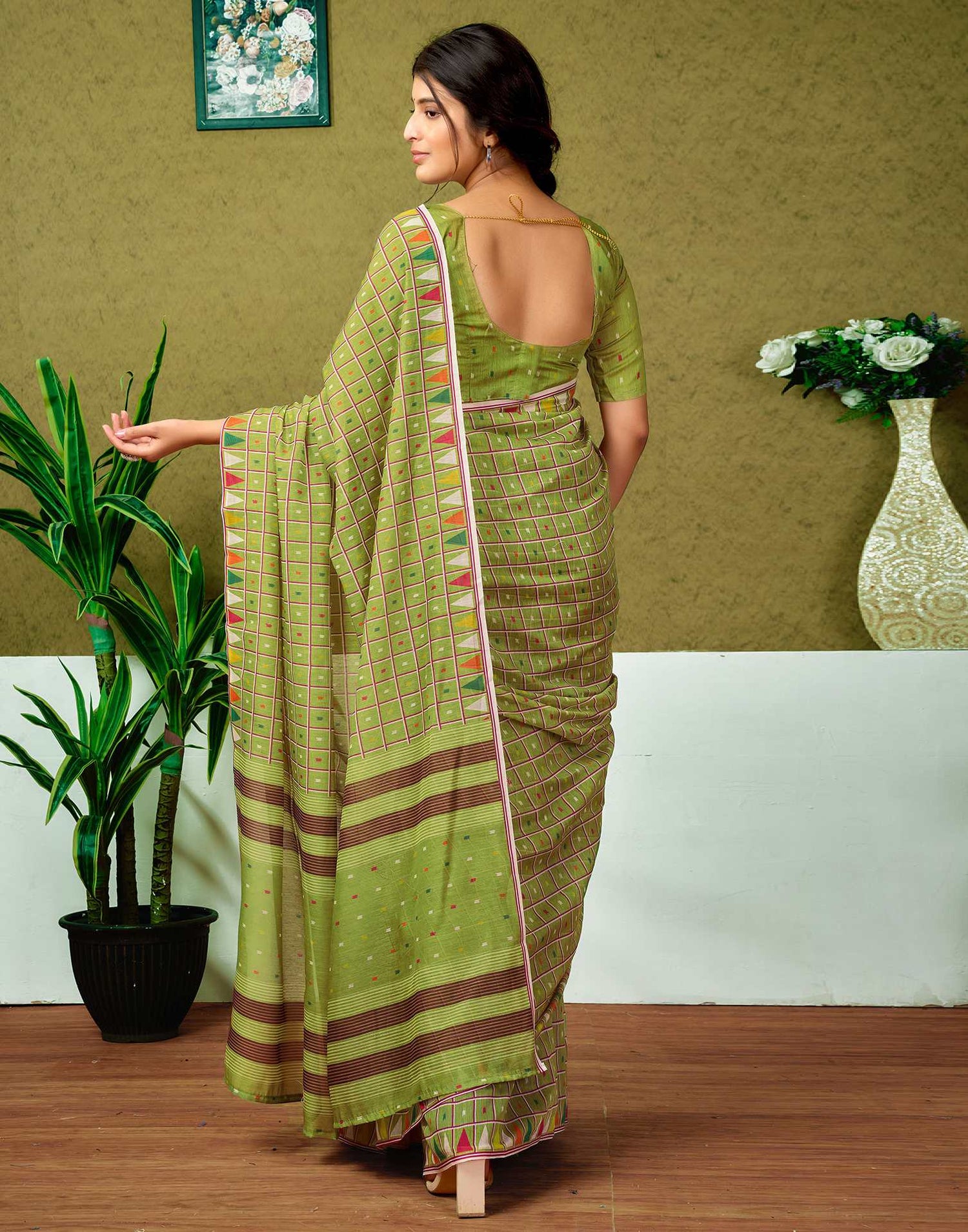 Ready To Wear Olive Green Printed Cotton Saree