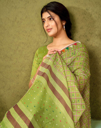 Ready To Wear Olive Green Printed Cotton Saree