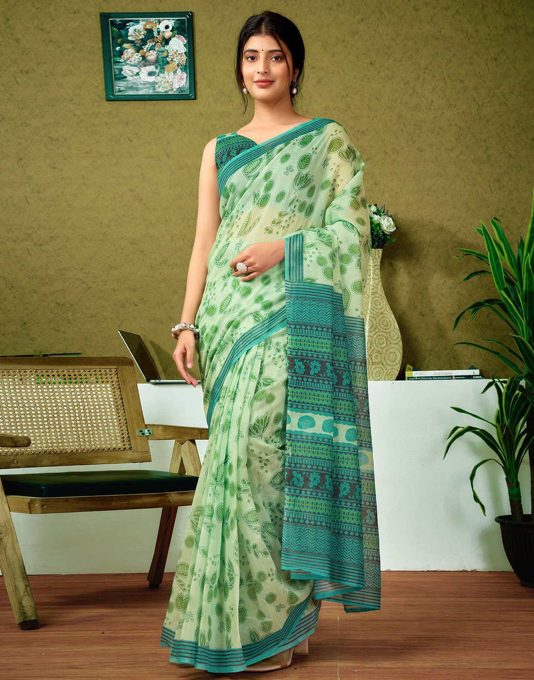 Ready To Wear Green Printed Cotton Saree