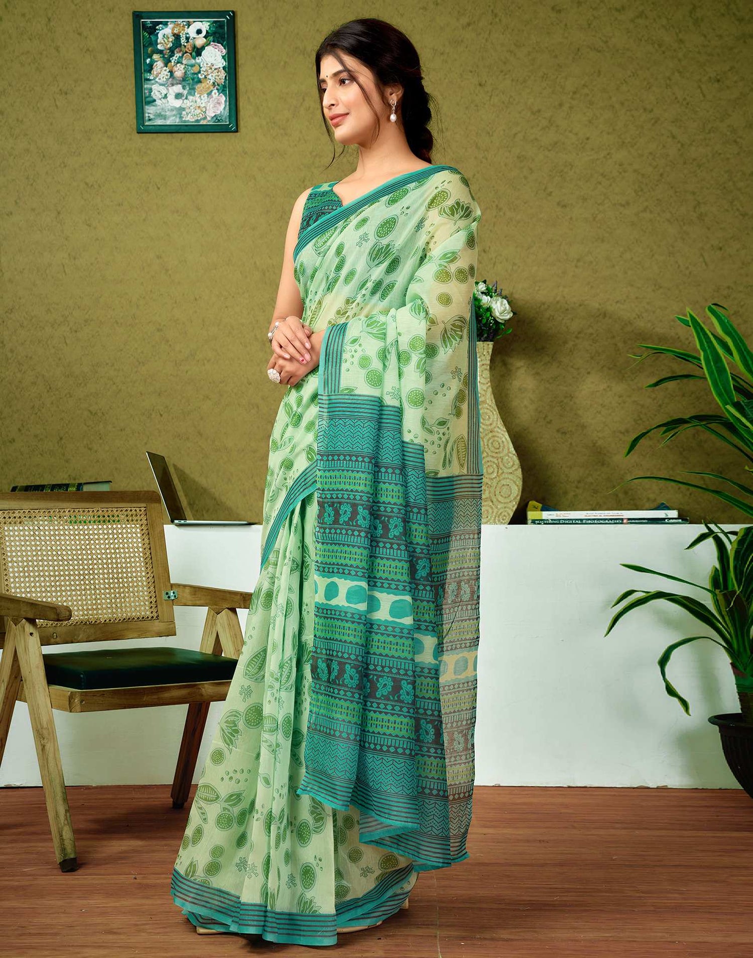 Ready To Wear Green Printed Cotton Saree