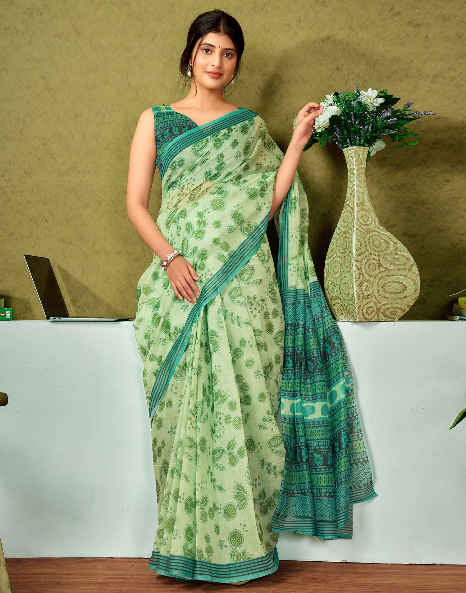 Ready To Wear Green Printed Cotton Saree