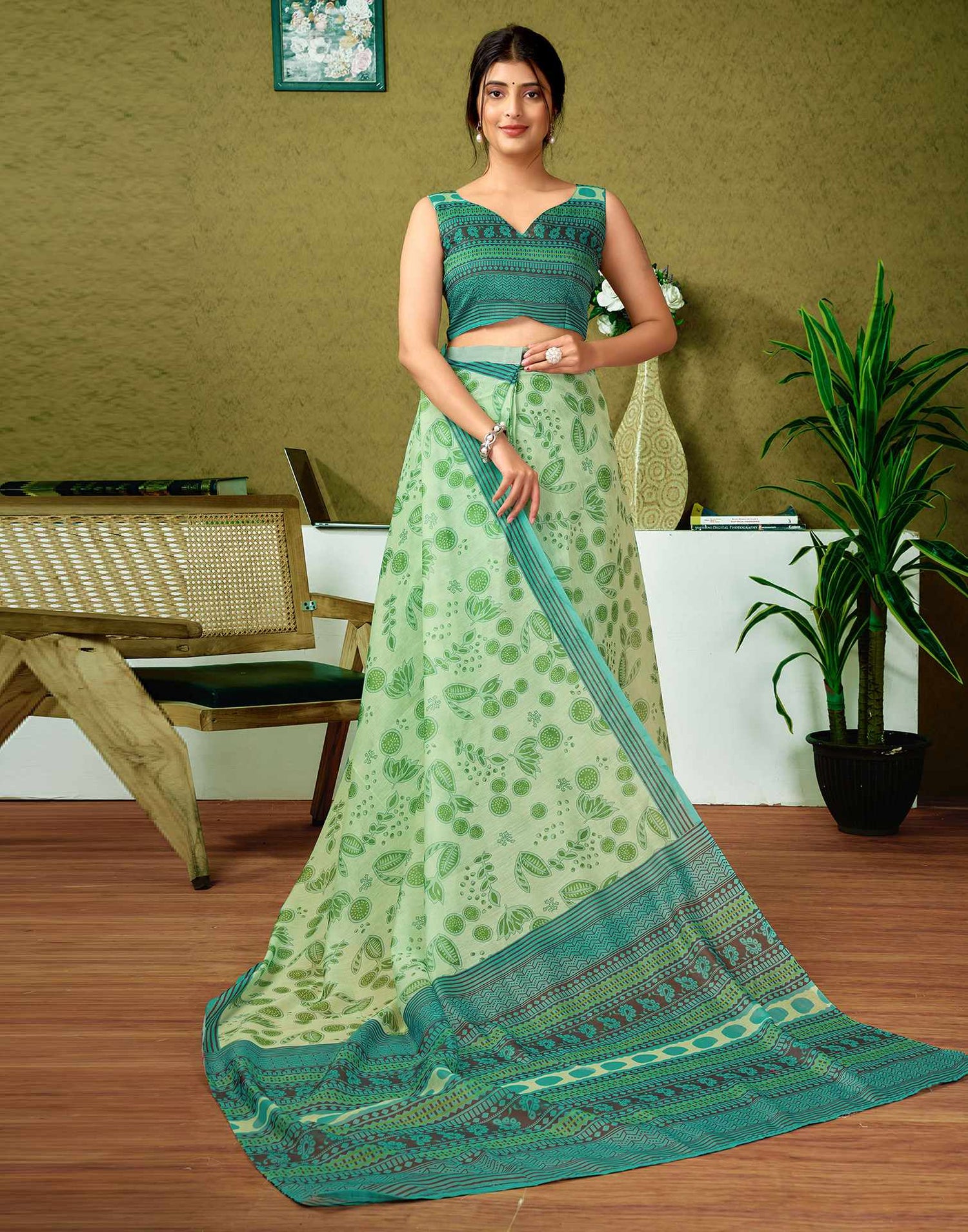 Ready To Wear Green Printed Cotton Saree