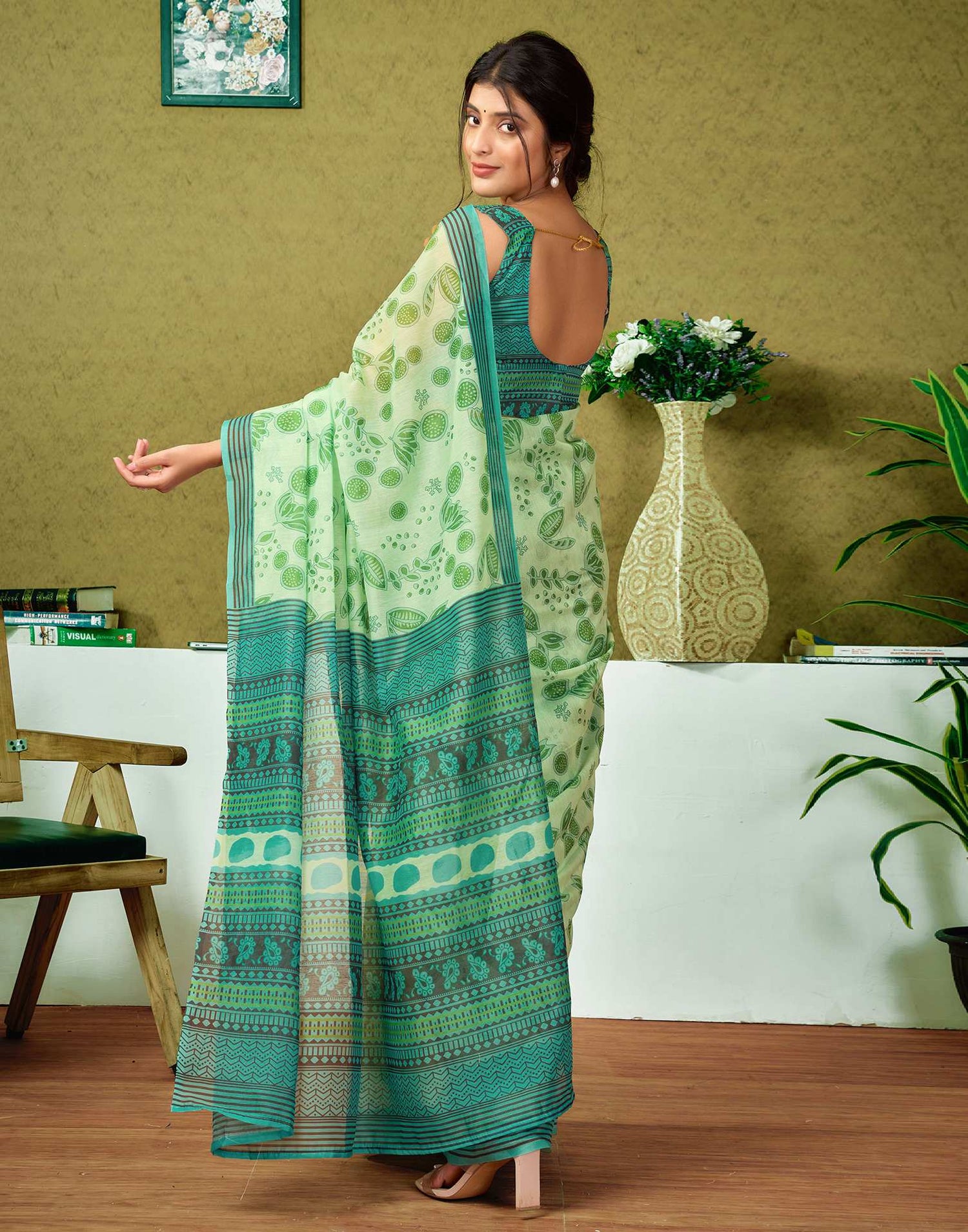 Ready To Wear Green Printed Cotton Saree