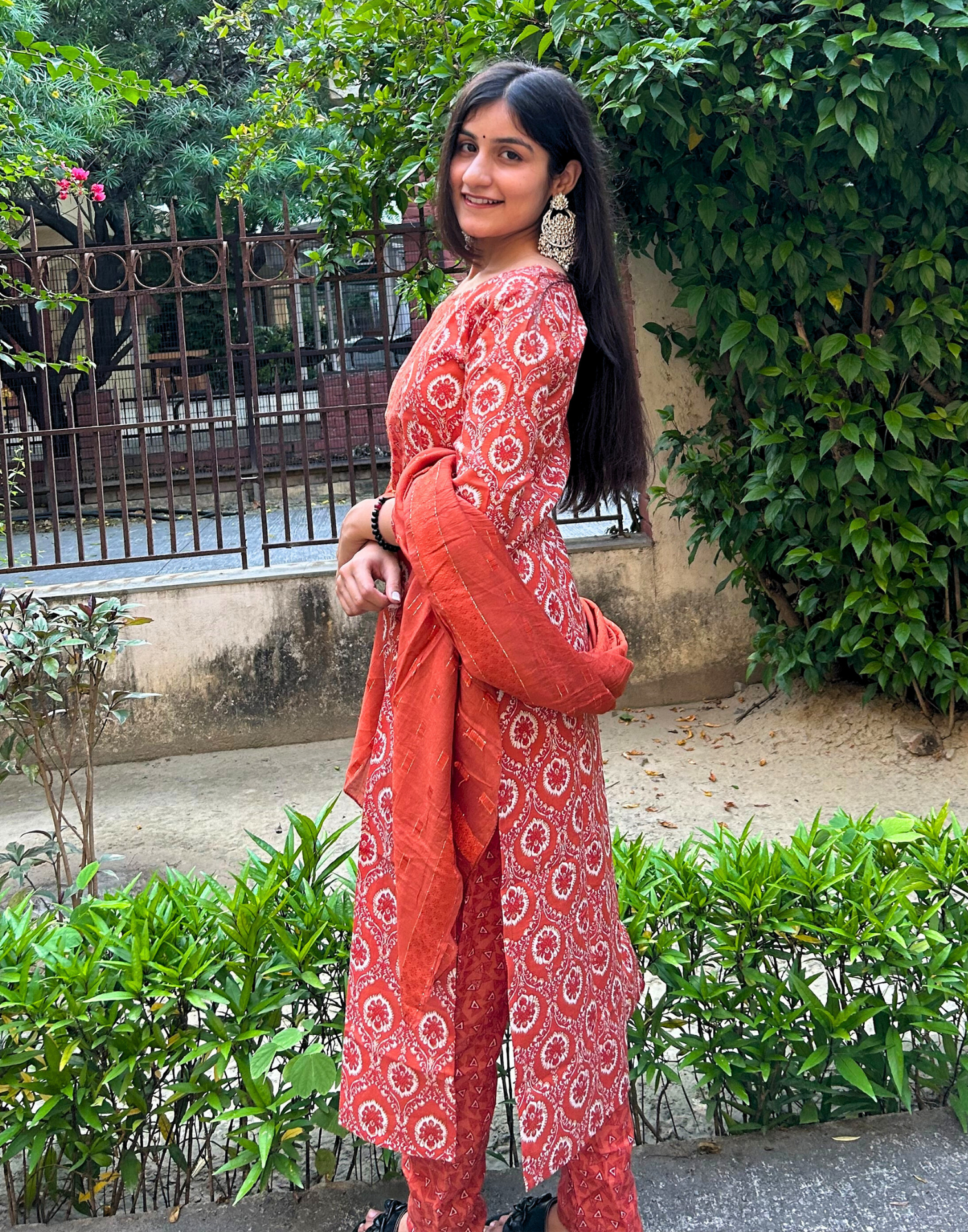 Orange Cotton Printed Straight Kurta With Pant And Dupatta