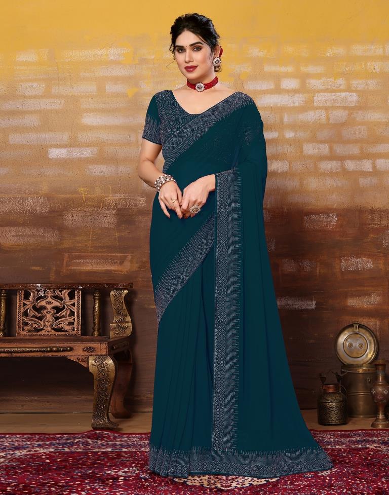 Dark Teal Blue Plain Georgette Saree