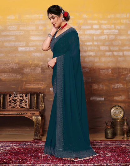 Dark Teal Blue Plain Georgette Saree