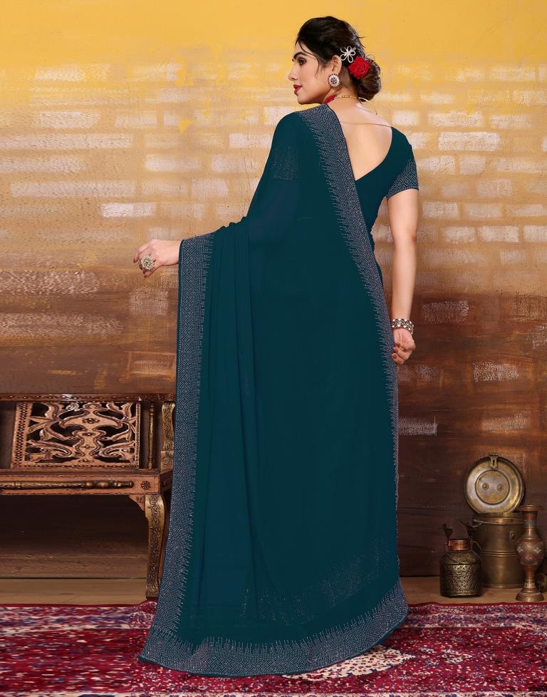 Dark Teal Blue Plain Georgette Saree