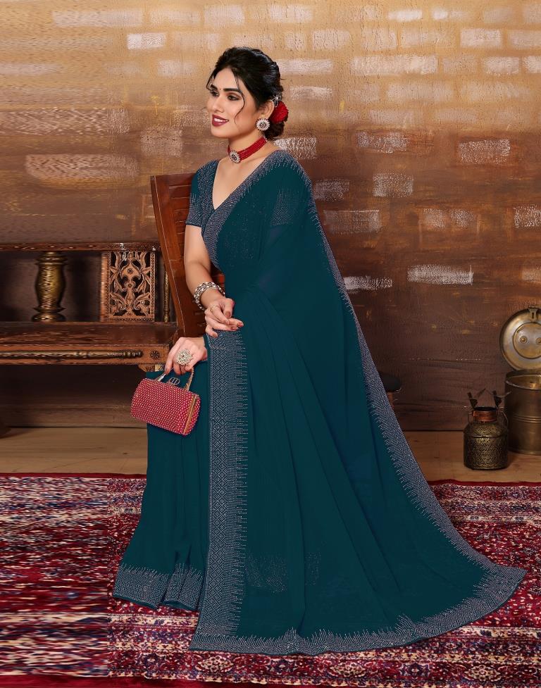 Dark Teal Blue Plain Georgette Saree