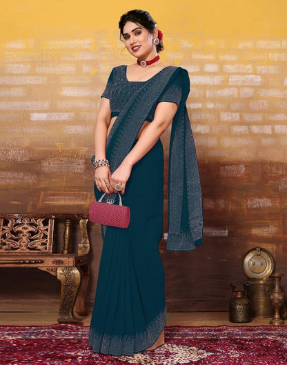 Dark Teal Blue Plain Georgette Saree