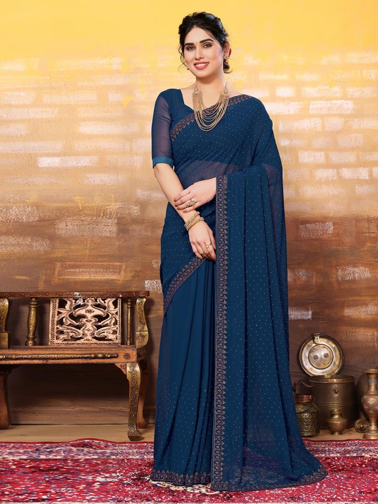 Teal Blue Plain Georgette Saree