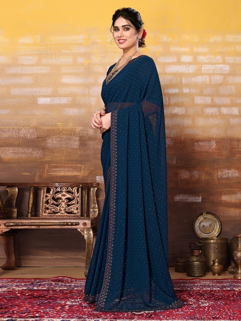 Teal Blue Plain Georgette Saree