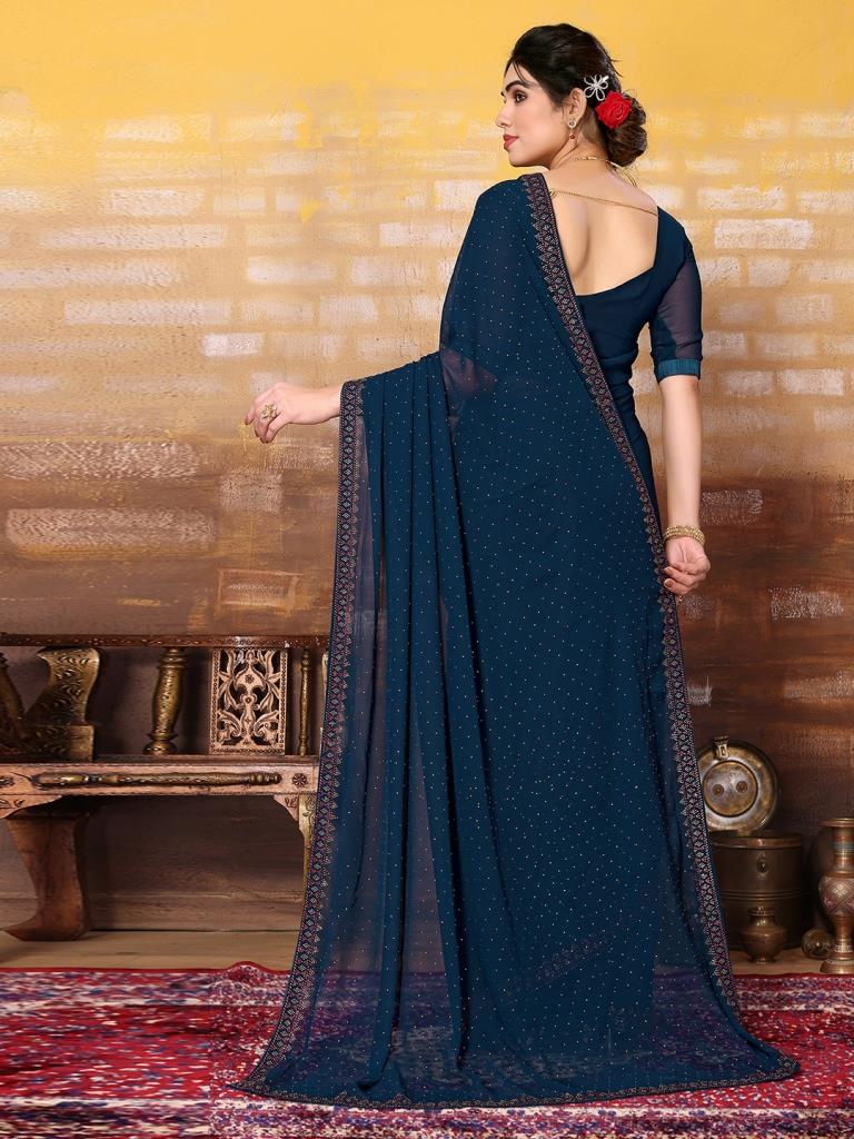 Teal Blue Plain Georgette Saree