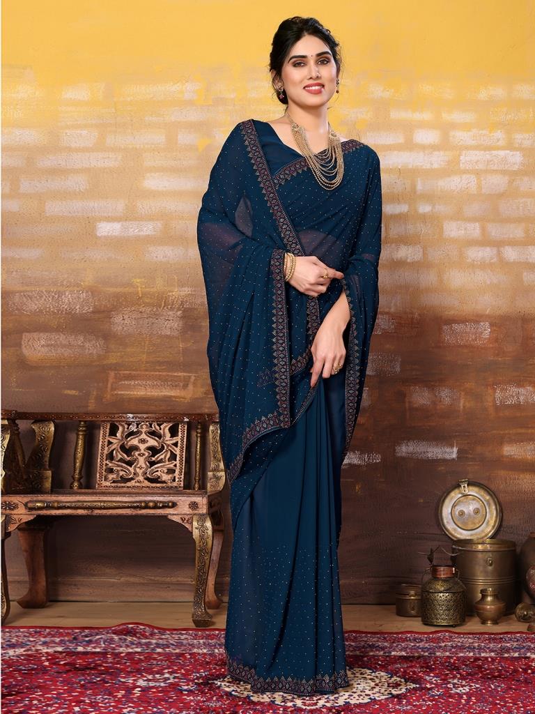 Teal Blue Plain Georgette Saree