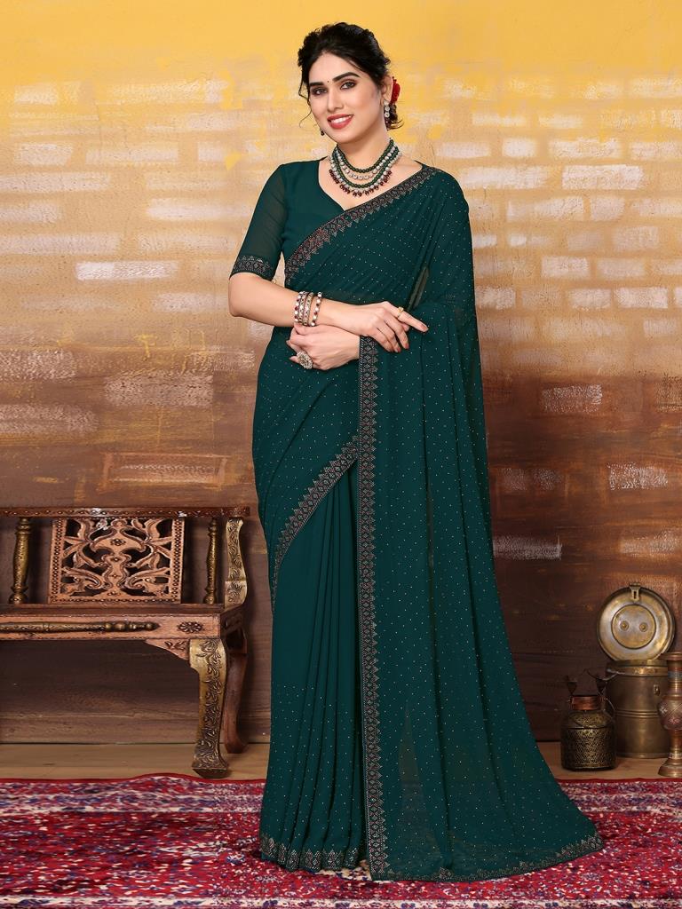 Dark Green Plain Georgette Saree