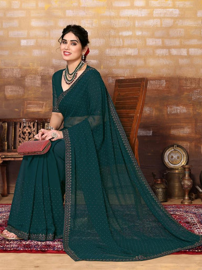 Dark Green Plain Georgette Saree