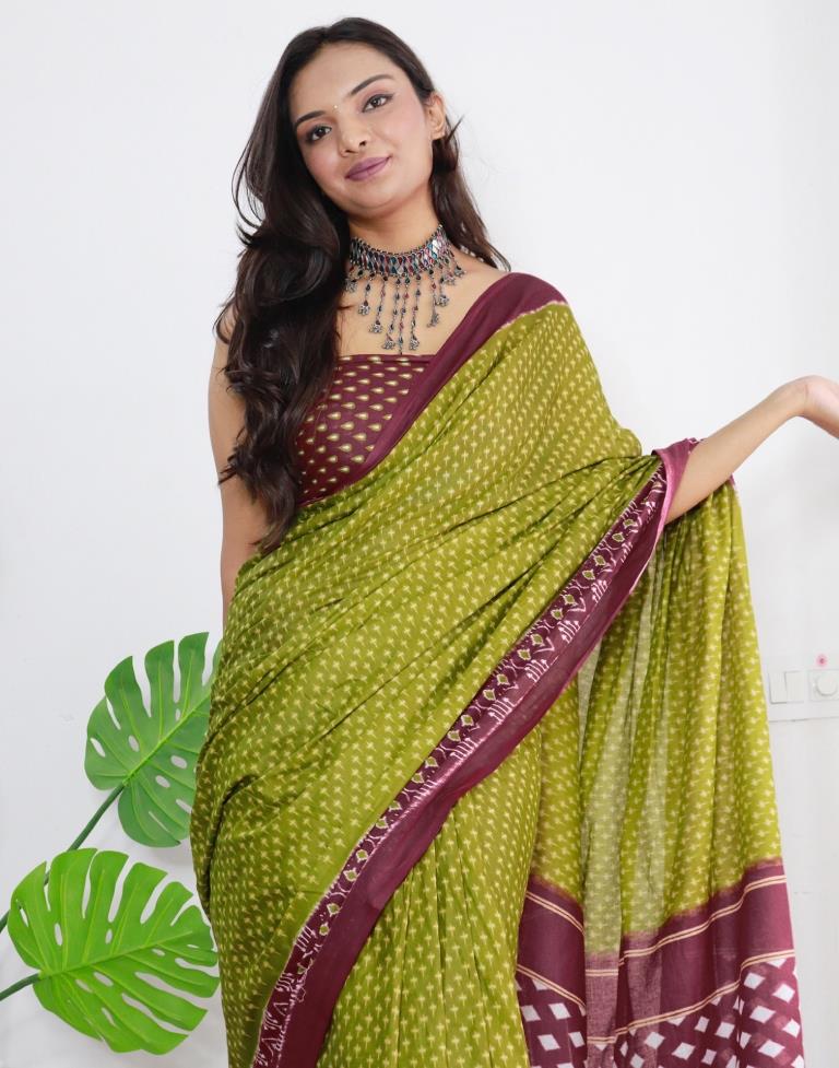 Green Printed Cotton Saree