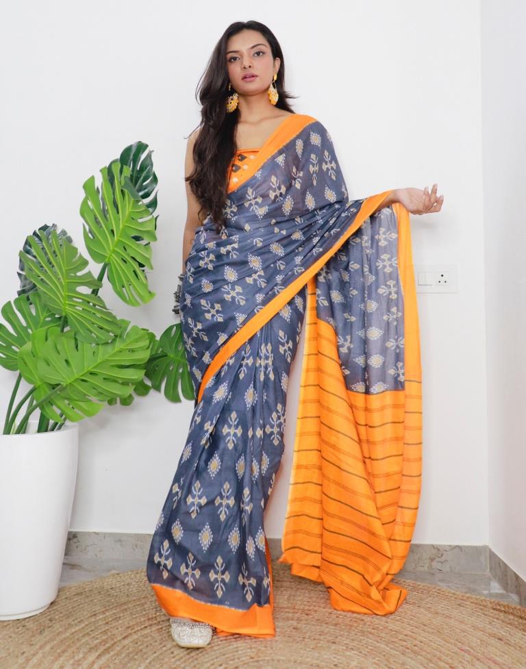 Grey &amp; Orange Printed Cotton Saree