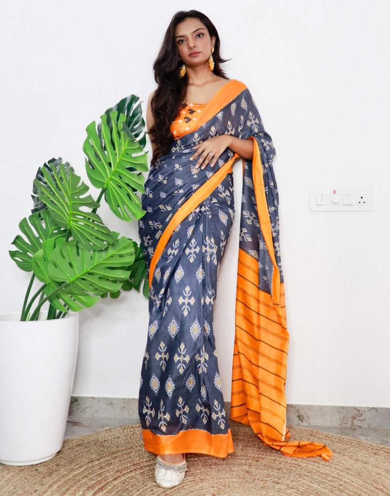 Grey &amp; Orange Printed Cotton Saree