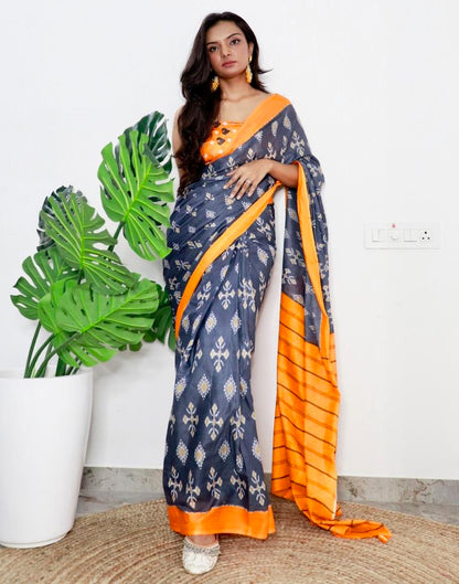 Grey &amp; Orange Printed Cotton Saree