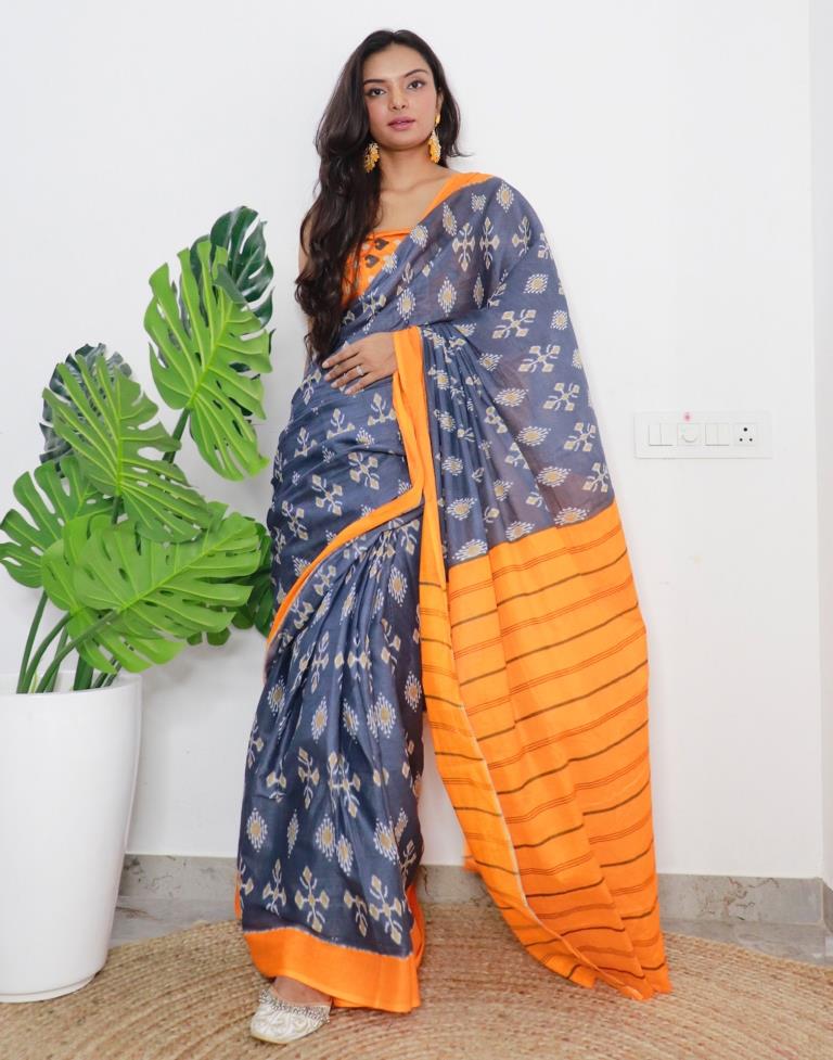 Grey &amp; Orange Printed Cotton Saree