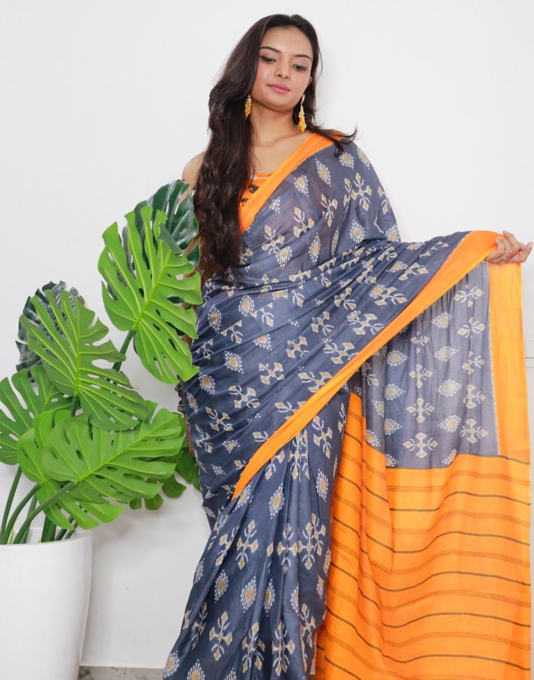 Grey &amp; Orange Printed Cotton Saree