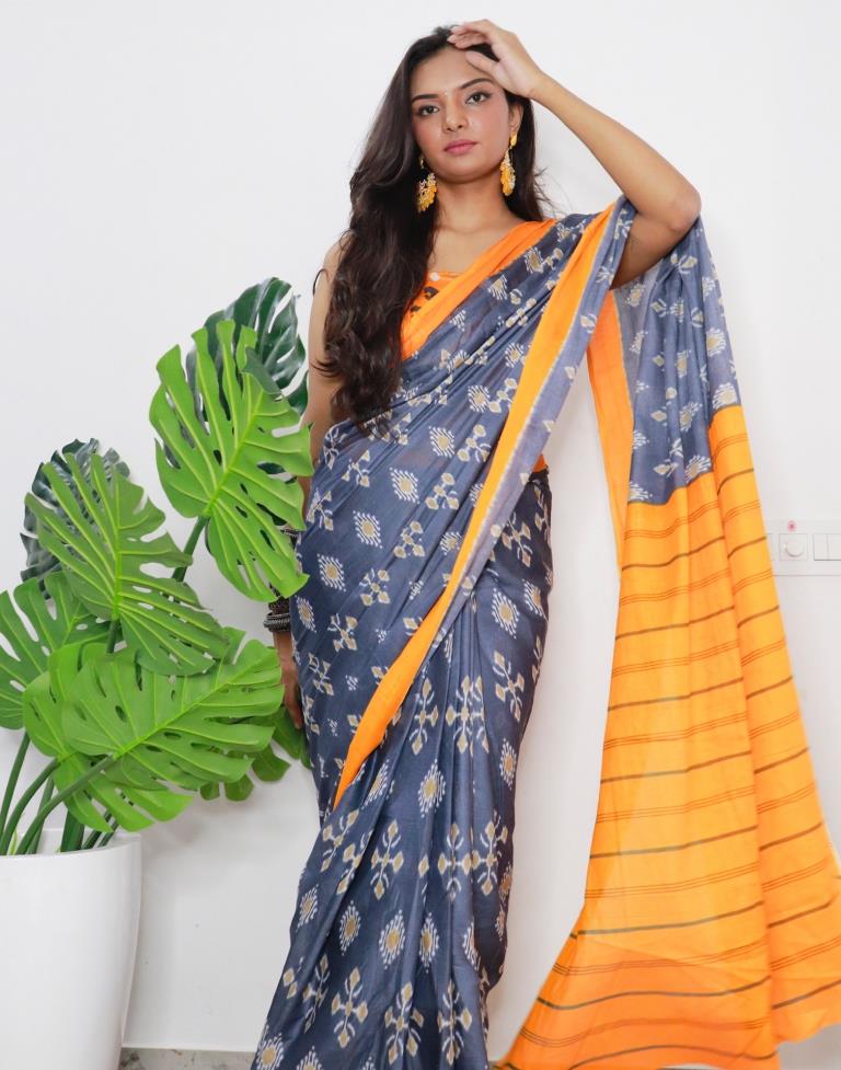 Grey &amp; Orange Printed Cotton Saree