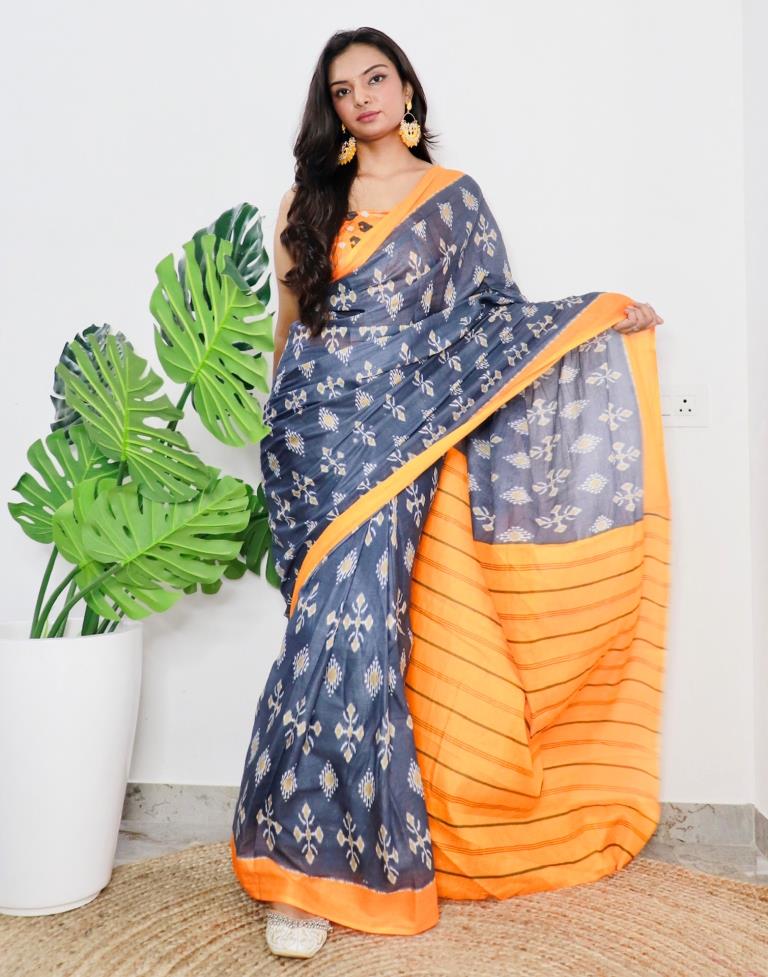 Grey &amp; Orange Printed Cotton Saree