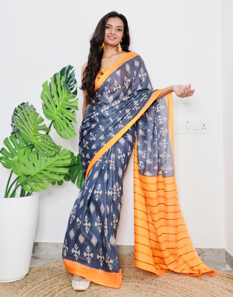 Grey &amp; Orange Printed Cotton Saree